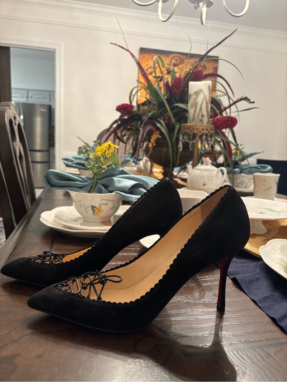 Black Suede Pointed Toe Lace-Up Stiletto Heels, Christian Louboutin